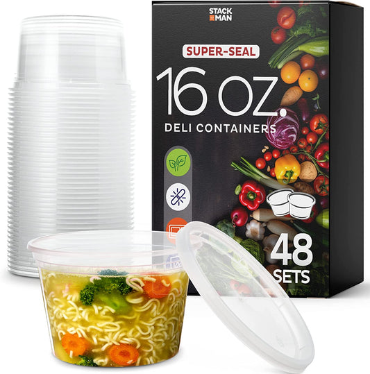 [48 Sets -16 Oz.] Plastic Deli Food Storage Containers with Airtight Lids - Soup Containers with Lids