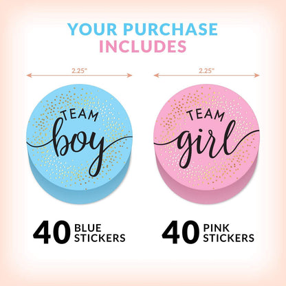 2.25” Gender Reveal Stickers for Party Invitations and Voting Games (80 Count) - Team Boy and Team Girl Labels with Gold Foil for Reveal Parties and Baby Showers | Easy to Peel and Stick (Circle)