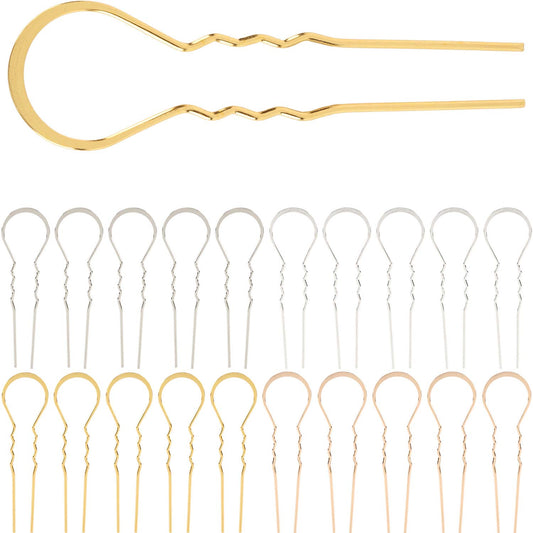 20 Pack Gold Silver Metal Alloy U Shaped Wave Curved Long Hair Fork Pins Chopsticks Hairpins Picks Hair Sticks Shawl Pin Hairclips Simple Fast Bun Holder Accessories Bulk