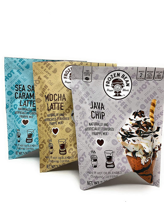 • Frozen Bean Frappe Blends Variety Pack (3.35 Oz) Java Chip Sea Salt Caramel Latte (2.8 Oz) Mocha Latte (2.8 Oz)!
