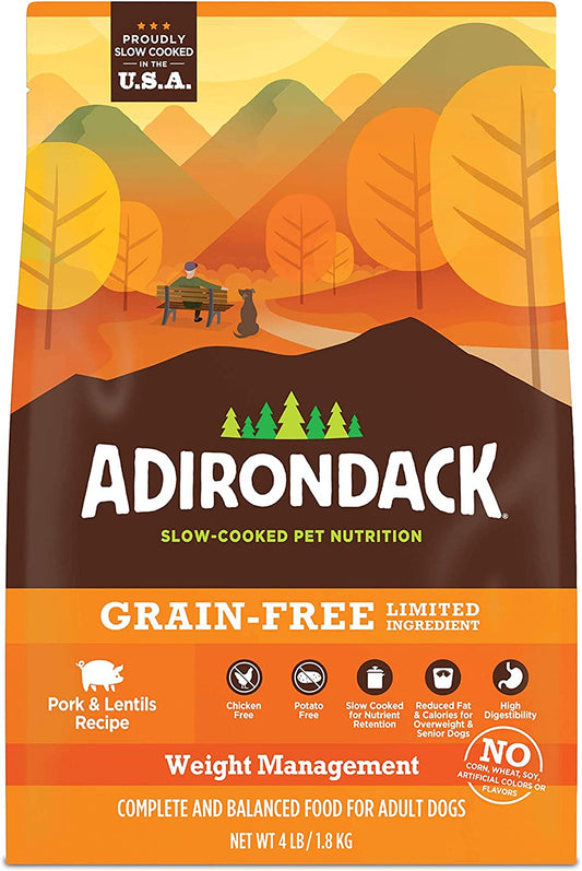 Adirondack Pet Food Adirondack Dog Food Made in USA [Limited Ingredient Grain Free Dog Food], Weight Management Dry Dog Food, Pork and Lentils Recipe, 4 Lb. Bag