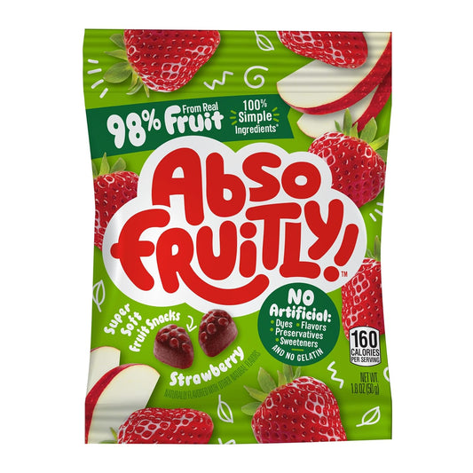 Absofruitly! Strawberry 98% Real Fruit Snacks, Deliciously Sweet, Soft & Chewy – Plant Based Healthy Snacks – Individual Snack Packs for Kids, 6 Large Fruit Snack Bags (1.8Oz Each)