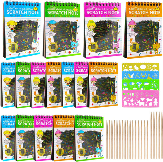 16 Pack Scratch Note Pads Scratch Art Notebooks Rainbow Scratch Paper with 4 Drawing Stencils for Kids Arts and Crafts Perfect Travel Activity or Gift for Girls Boys Teens