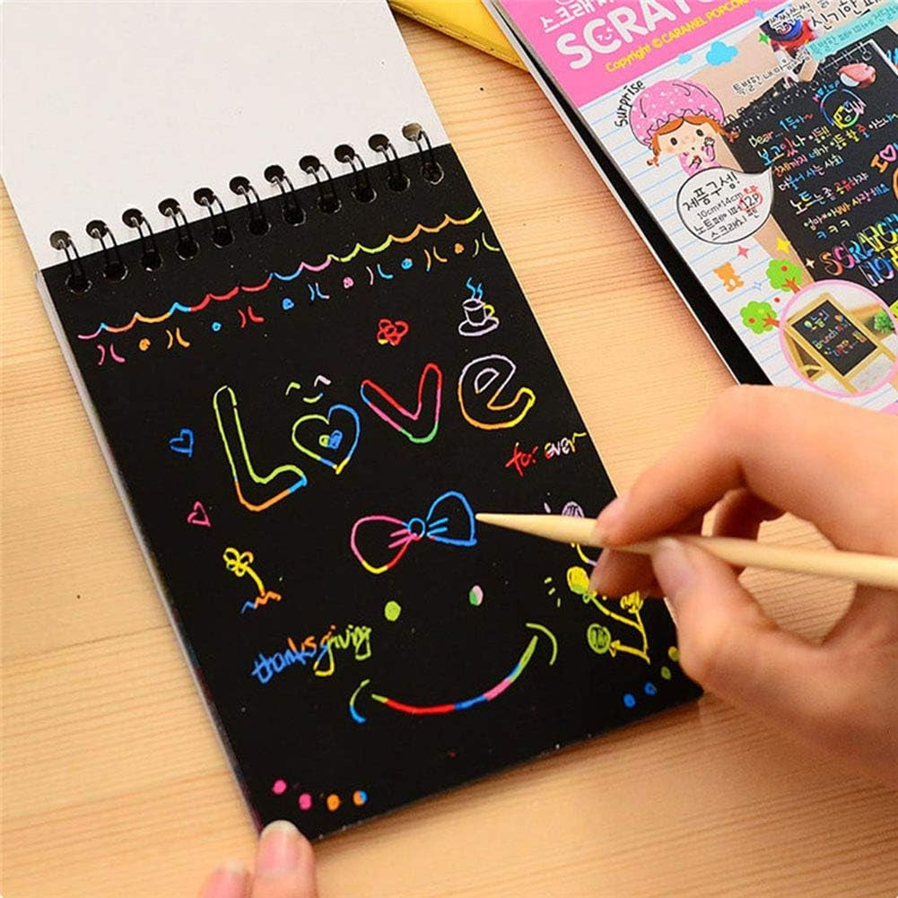 16 Pack Scratch Note Pads Scratch Art Notebooks Rainbow Scratch Paper with 4 Drawing Stencils for Kids Arts and Crafts Perfect Travel Activity or Gift for Girls Boys Teens