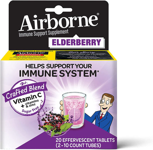 Airborne Elderberry + Zinc & Vitamin C Effervescent Tablets, Immune Support Supplement with Powerful Antioxidant Vitamins a C E, 20 Fizzy Drink Tablets, Elderberry Flavor